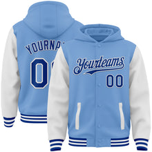 Charger l&#39;image dans la galerie, Custom Light Blue Royal-White Bomber Full-Snap Varsity Letterman Two Tone Hoodie Jacket
