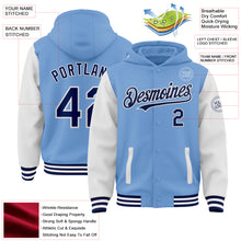 Charger l&#39;image dans la galerie, Custom Light Blue Navy-White Bomber Full-Snap Varsity Letterman Two Tone Hoodie Jacket
