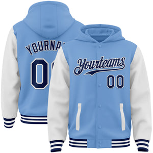 Custom Light Blue Navy-White Bomber Full-Snap Varsity Letterman Two Tone Hoodie Jacket