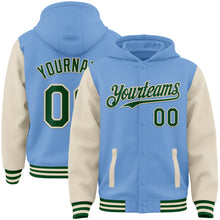 Charger l&#39;image dans la galerie, Custom Light Blue Green-Cream Bomber Full-Snap Varsity Letterman Two Tone Hoodie Jacket
