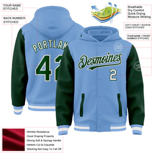 Custom Light Blue Green-White Bomber Full-Snap Varsity Letterman Two Tone Hoodie Jacket