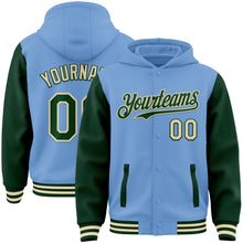 Charger l&#39;image dans la galerie, Custom Light Blue Green-Cream Bomber Full-Snap Varsity Letterman Two Tone Hoodie Jacket
