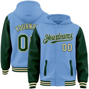 Custom Light Blue Green-Cream Bomber Full-Snap Varsity Letterman Two Tone Hoodie Jacket