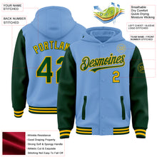 Загрузить изображение в средство просмотра галереи, Custom Light Blue Green-Gold Bomber Full-Snap Varsity Letterman Two Tone Hoodie Jacket
