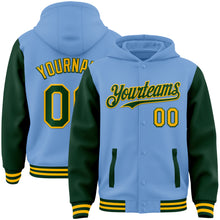 Загрузить изображение в средство просмотра галереи, Custom Light Blue Green-Gold Bomber Full-Snap Varsity Letterman Two Tone Hoodie Jacket
