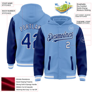 Custom Light Blue Royal-White Bomber Full-Snap Varsity Letterman Two Tone Hoodie Jacket