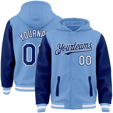 Laden Sie das Bild in den Galerie-Viewer, Custom Light Blue Royal-White Bomber Full-Snap Varsity Letterman Two Tone Hoodie Jacket
