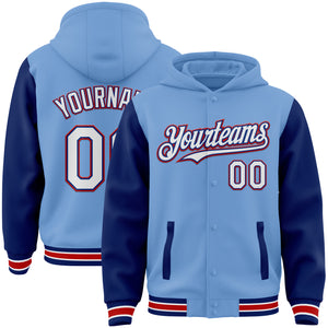 Custom Light Blue Royal-Red Bomber Full-Snap Varsity Letterman Two Tone Hoodie Jacket