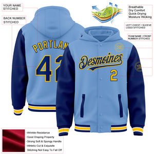 Custom Light Blue Royal-Yellow Bomber Full-Snap Varsity Letterman Two Tone Hoodie Jacket