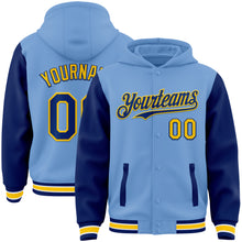 Charger l&#39;image dans la galerie, Custom Light Blue Royal-Yellow Bomber Full-Snap Varsity Letterman Two Tone Hoodie Jacket
