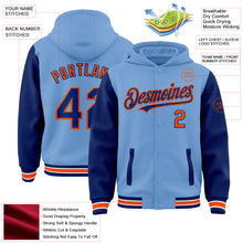 Charger l&#39;image dans la galerie, Custom Light Blue Royal-Orange Bomber Full-Snap Varsity Letterman Two Tone Hoodie Jacket
