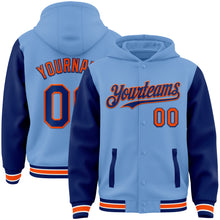 Charger l&#39;image dans la galerie, Custom Light Blue Royal-Orange Bomber Full-Snap Varsity Letterman Two Tone Hoodie Jacket
