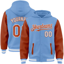 Charger l&#39;image dans la galerie, Custom Light Blue Texas Orange-White Bomber Full-Snap Varsity Letterman Two Tone Hoodie Jacket
