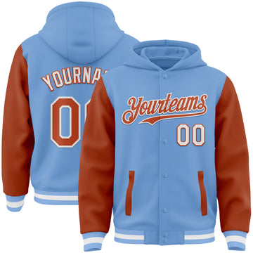 Custom Light Blue Texas Orange-White Bomber Full-Snap Varsity Letterman Two Tone Hoodie Jacket