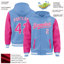 Laden Sie das Bild in den Galerie-Viewer, Custom Light Blue Pink-White Bomber Full-Snap Varsity Letterman Two Tone Hoodie Jacket
