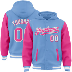 Custom Light Blue Pink-White Bomber Full-Snap Varsity Letterman Two Tone Hoodie Jacket