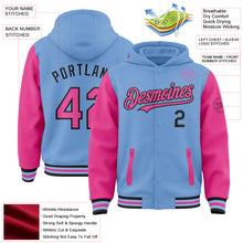 Charger l&#39;image dans la galerie, Custom Light Blue Pink-Black Bomber Full-Snap Varsity Letterman Two Tone Hoodie Jacket
