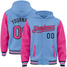 Charger l&#39;image dans la galerie, Custom Light Blue Pink-Black Bomber Full-Snap Varsity Letterman Two Tone Hoodie Jacket
