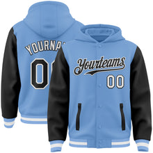 Загрузить изображение в средство просмотра галереи, Custom Light Blue Black-White Bomber Full-Snap Varsity Letterman Two Tone Hoodie Jacket
