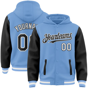 Custom Light Blue Black-White Bomber Full-Snap Varsity Letterman Two Tone Hoodie Jacket