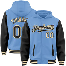 Загрузить изображение в средство просмотра галереи, Custom Light Blue Black-Cream Bomber Full-Snap Varsity Letterman Two Tone Hoodie Jacket
