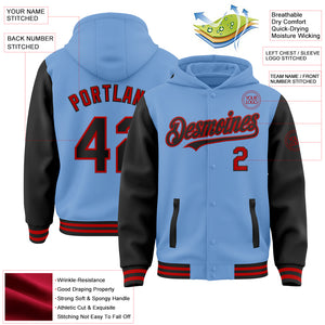 Custom Light Blue Black-Red Bomber Full-Snap Varsity Letterman Two Tone Hoodie Jacket