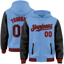 Загрузить изображение в средство просмотра галереи, Custom Light Blue Black-Red Bomber Full-Snap Varsity Letterman Two Tone Hoodie Jacket
