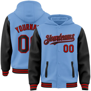 Custom Light Blue Black-Red Bomber Full-Snap Varsity Letterman Two Tone Hoodie Jacket