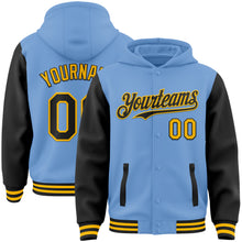 Загрузить изображение в средство просмотра галереи, Custom Light Blue Black-Gold Bomber Full-Snap Varsity Letterman Two Tone Hoodie Jacket
