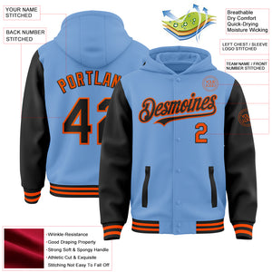 Custom Light Blue Black-Orange Bomber Full-Snap Varsity Letterman Two Tone Hoodie Jacket