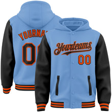 Загрузить изображение в средство просмотра галереи, Custom Light Blue Black-Orange Bomber Full-Snap Varsity Letterman Two Tone Hoodie Jacket
