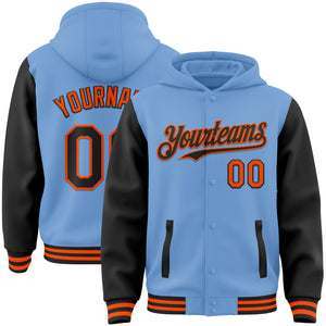 Custom Light Blue Black-Orange Bomber Full-Snap Varsity Letterman Two Tone Hoodie Jacket