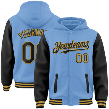 Custom Light Blue Black-Old Gold Bomber Full-Snap Varsity Letterman Two Tone Hoodie Jacket