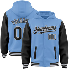 Загрузить изображение в средство просмотра галереи, Custom Light Blue Black-Gray Bomber Full-Snap Varsity Letterman Two Tone Hoodie Jacket
