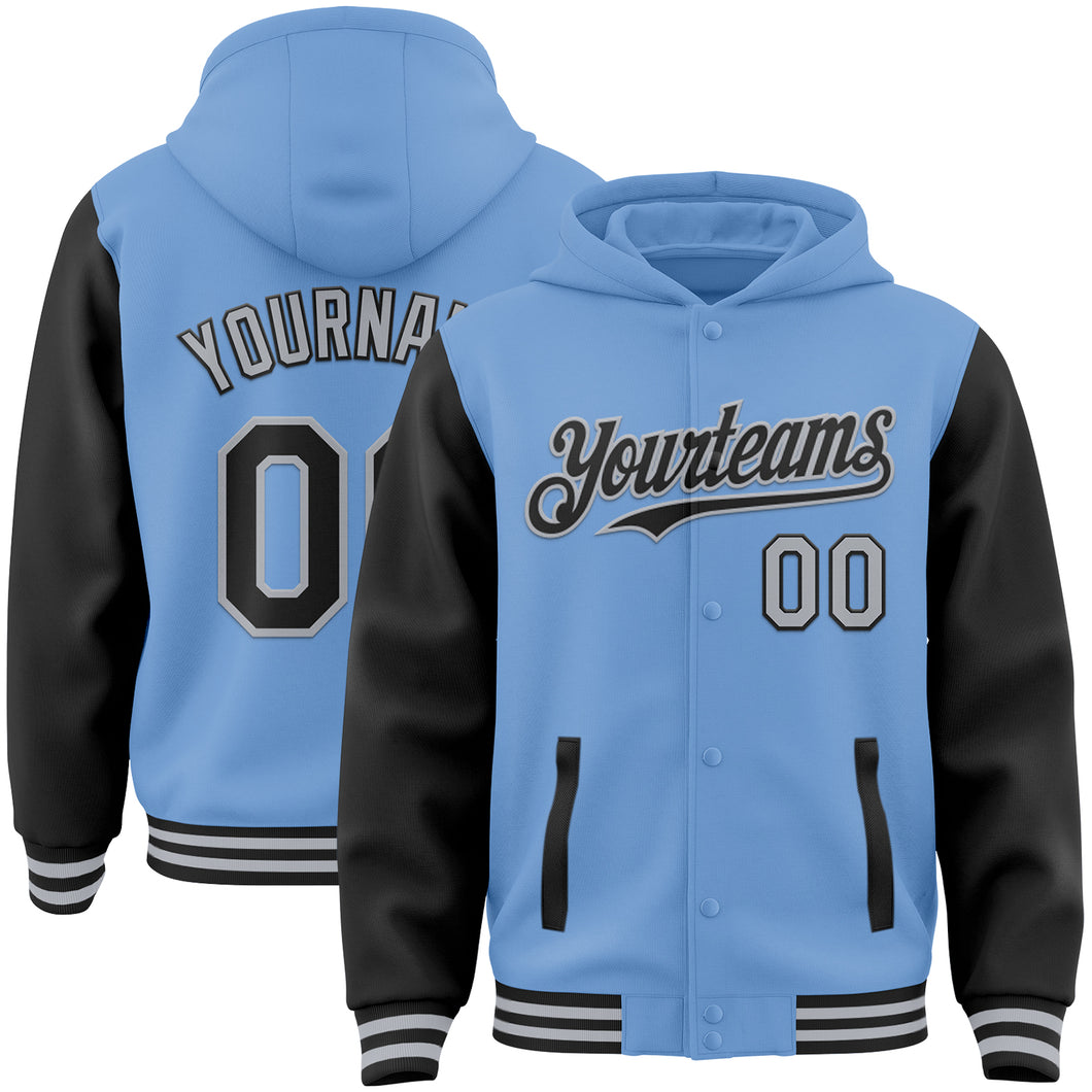 Custom Light Blue Black-Gray Bomber Full-Snap Varsity Letterman Two Tone Hoodie Jacket