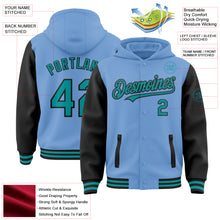 Загрузить изображение в средство просмотра галереи, Custom Light Blue Teal-Black Bomber Full-Snap Varsity Letterman Two Tone Hoodie Jacket
