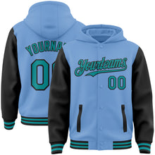 Загрузить изображение в средство просмотра галереи, Custom Light Blue Teal-Black Bomber Full-Snap Varsity Letterman Two Tone Hoodie Jacket
