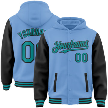 Custom Light Blue Teal-Black Bomber Full-Snap Varsity Letterman Two Tone Hoodie Jacket