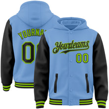 Загрузить изображение в средство просмотра галереи, Custom Light Blue Black-Neon Green Bomber Full-Snap Varsity Letterman Two Tone Hoodie Jacket
