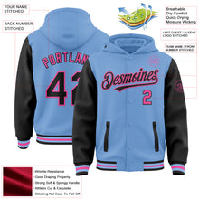 Загрузить изображение в средство просмотра галереи, Custom Light Blue Black-Pink Bomber Full-Snap Varsity Letterman Two Tone Hoodie Jacket
