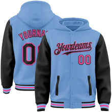 Загрузить изображение в средство просмотра галереи, Custom Light Blue Black-Pink Bomber Full-Snap Varsity Letterman Two Tone Hoodie Jacket
