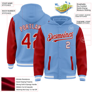 Custom Light Blue Red-White Bomber Full-Snap Varsity Letterman Two Tone Hoodie Jacket