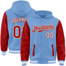 Загрузить изображение в средство просмотра галереи, Custom Light Blue Red-White Bomber Full-Snap Varsity Letterman Two Tone Hoodie Jacket
