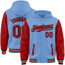 Загрузить изображение в средство просмотра галереи, Custom Light Blue Red-Black Bomber Full-Snap Varsity Letterman Two Tone Hoodie Jacket
