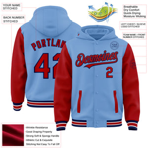 Custom Light Blue Red-Navy Bomber Full-Snap Varsity Letterman Two Tone Hoodie Jacket