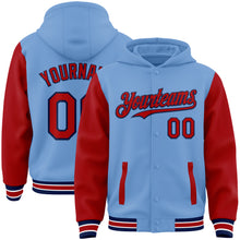 Загрузить изображение в средство просмотра галереи, Custom Light Blue Red-Navy Bomber Full-Snap Varsity Letterman Two Tone Hoodie Jacket
