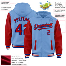 Загрузить изображение в средство просмотра галереи, Custom Light Blue Red-Royal Bomber Full-Snap Varsity Letterman Two Tone Hoodie Jacket
