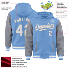 Загрузить изображение в средство просмотра галереи, Custom Light Blue White-Gray Bomber Full-Snap Varsity Letterman Two Tone Hoodie Jacket
