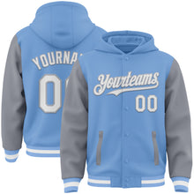 Загрузить изображение в средство просмотра галереи, Custom Light Blue White-Gray Bomber Full-Snap Varsity Letterman Two Tone Hoodie Jacket
