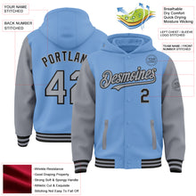 Загрузить изображение в средство просмотра галереи, Custom Light Blue Gray-Black Bomber Full-Snap Varsity Letterman Two Tone Hoodie Jacket
